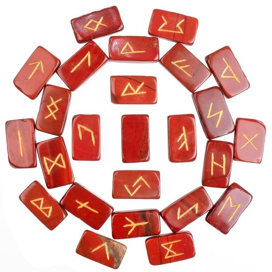 Crocon Mothers Day Gift Red Jasper Rectangle Shape Gemstone Runes with Elder Futhark Alphabet Engraved 25 Pcs Rune Set | Size : 20-25mm