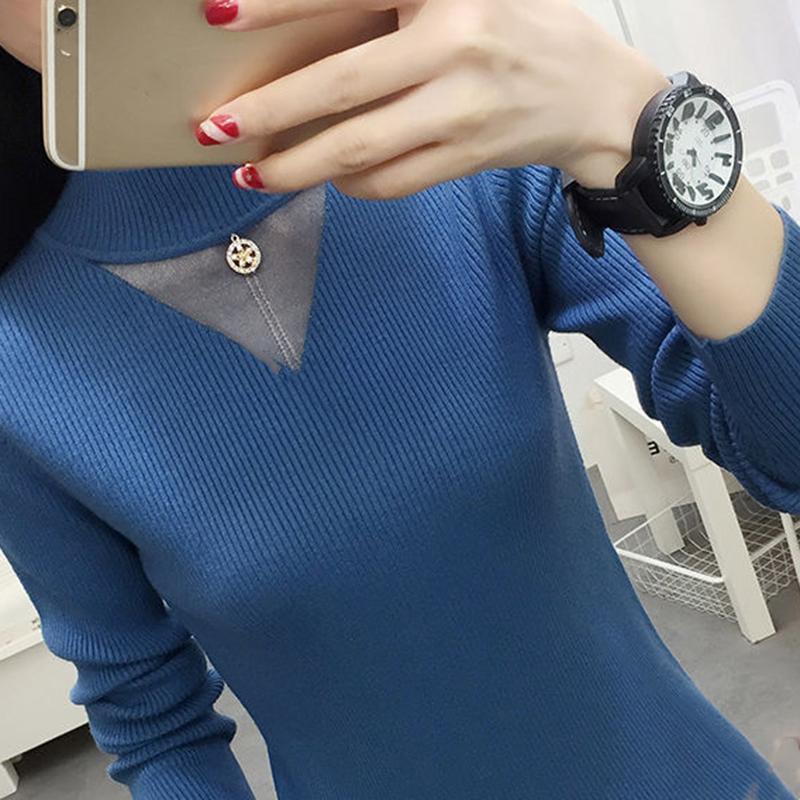 Women Semi-high Neck Slim Sweater Korean Version of The Knitted Bottoming Sweater Hollow Mesh Sweater Autumn and Winter