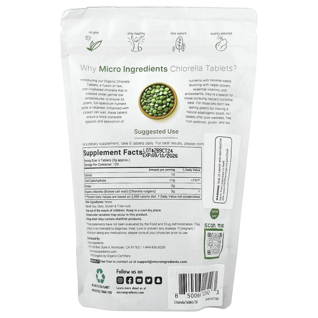 Micro Ingredients Органические таблетки хлореллы, 3 г, 720 таблеток (0,5 г на таблетку)