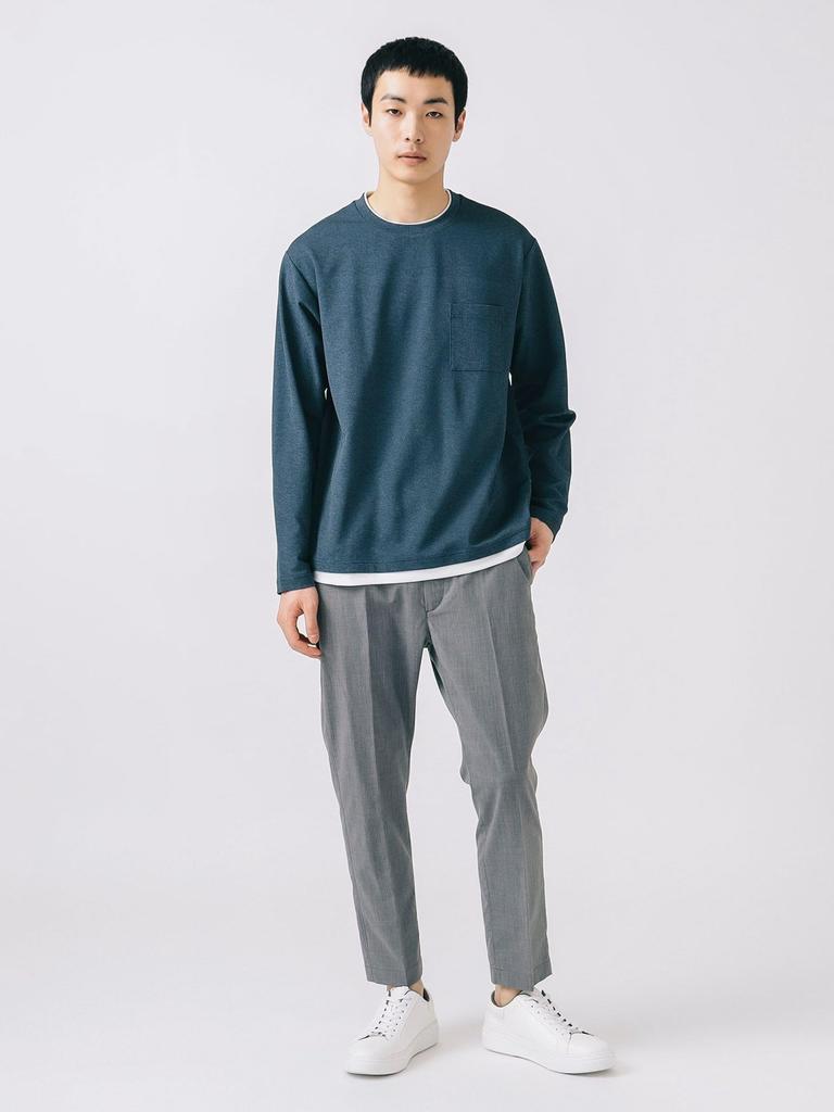 Beams Heart Men's Long Sleeve Tee, Pique Faux Layered Cut and Sew, Navy, Size M