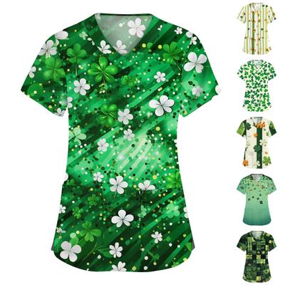 Женская мода с v-образным вырезом, короткими рукавами и карманами, топы с принтом