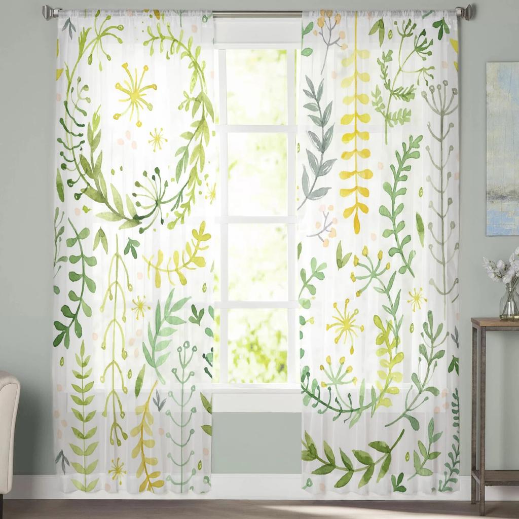 Wreath Green Watercolor Flower Tulle Curtains for Living Room Kitchen Bedroom Sheer Tulle for Cafe Hotel Modern Home Decor