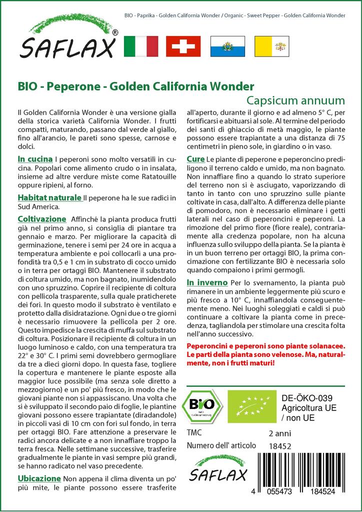 SAFLAX Garden in the Bag - Органический - Перец сладкий - Golden California Wonder - 20 семян - С субстратом в подходящем пакете - Capsicum annuum
