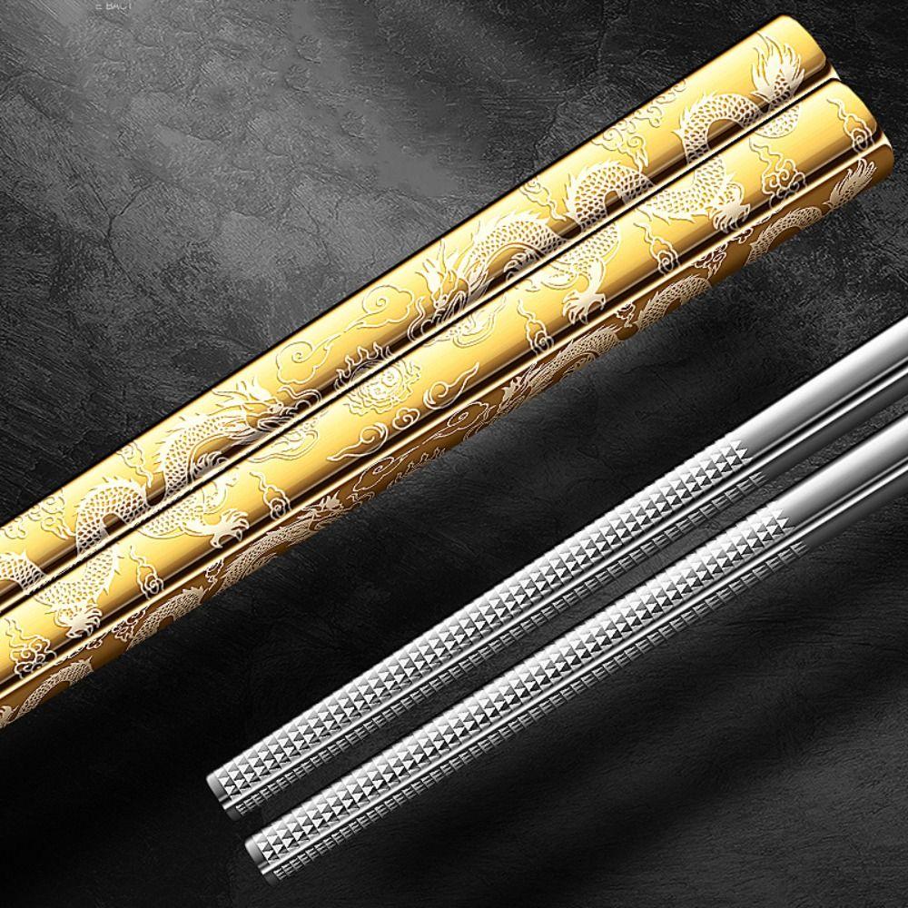 5 Pairs Non-Slip Stainless Steel Dragon Patter Chopsticks Sushi Chopsticks Restaurant