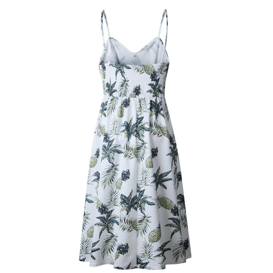 Sexy V Neck Backless Floral Summer Beach Dress Women Striped Button Pineapple Party Midi Dresses