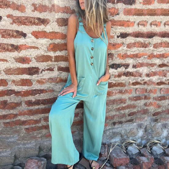 Летний женский комбинезон с V-образным вырезом, без рукавов, свободный, широкий, с пуговицами, однотонный, глубокий комбинезон с боковыми карманами, повседневная домашняя одежда для отпуска