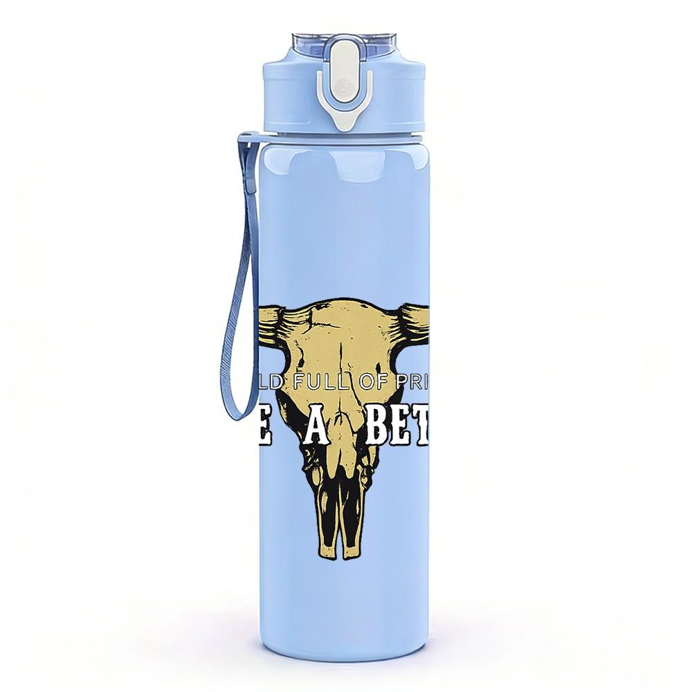 1PC Bull Cow Skull Western Art Print 750ml Color Plastic Sports Water Bottle Leakproof Flip Straw Lid Suitable for Sports Office Home Use