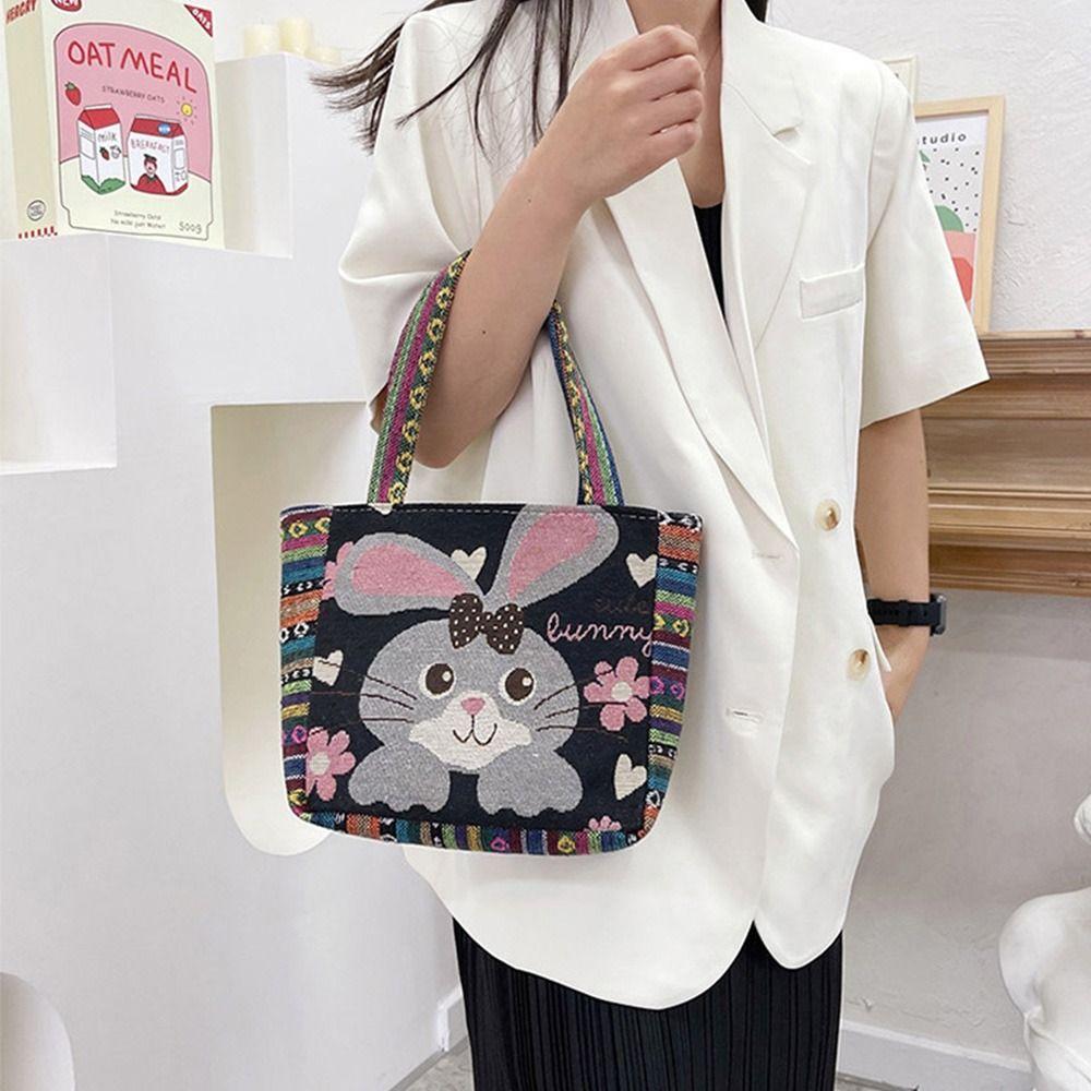 Peacock Canvas Tote Bag Embroidery Elephant Handbag Simple Ethnic Style Handbag Grocery Handbags