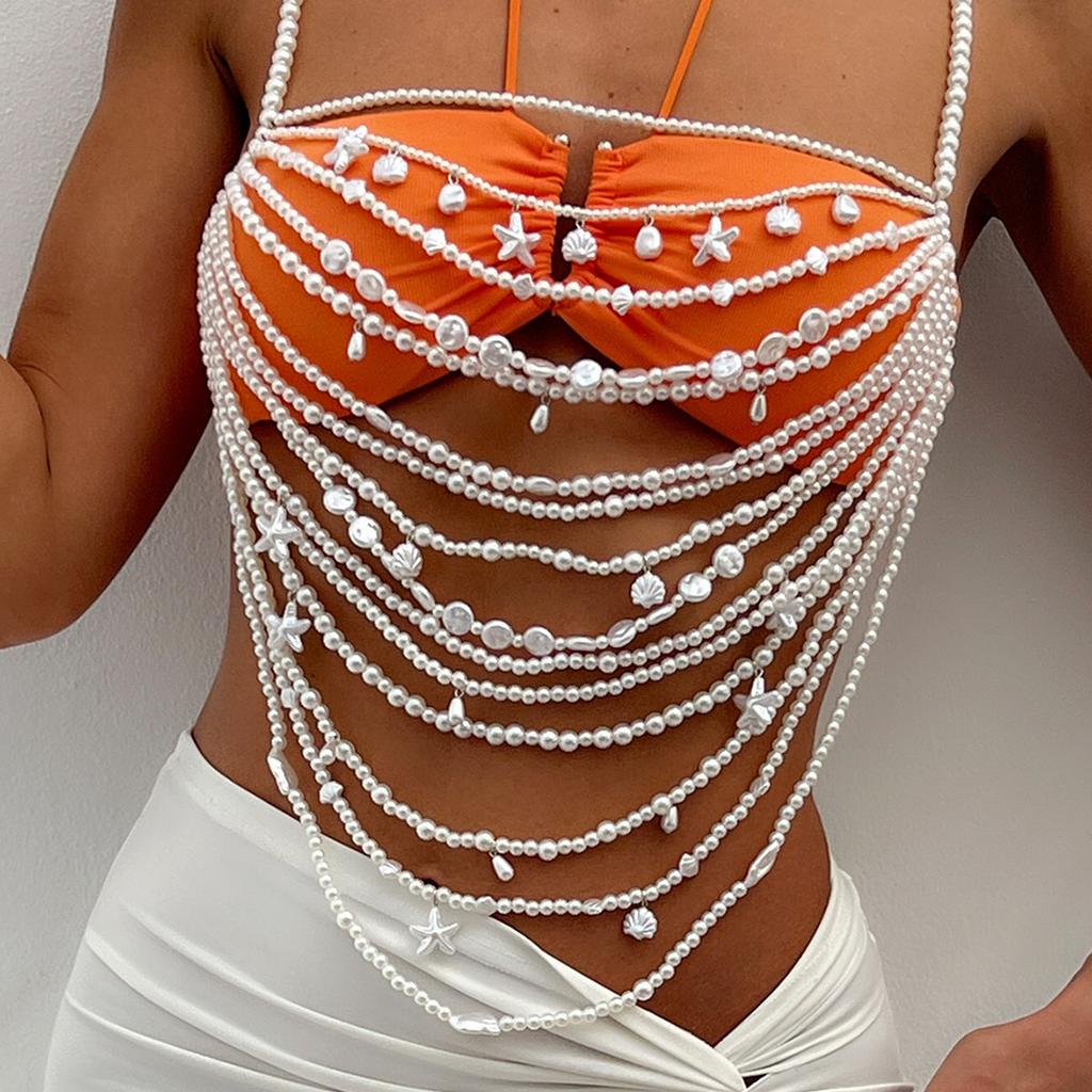 Holiday Style Starfish Scallop Pendant Waist Necklace Sexy Bikini Pearl Braided Body Necklace