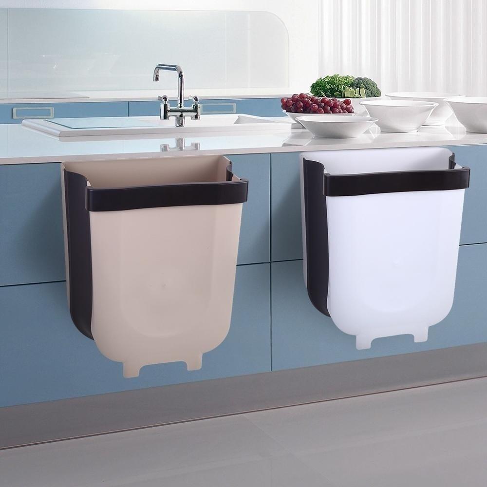 Folding Trash Can Kitchen Cabinet Door Hanging Waste Bin Wall Mounted Trashcan Space Saving Garbage Box for Bathroom Toilet Waste Storage(Size S/L)