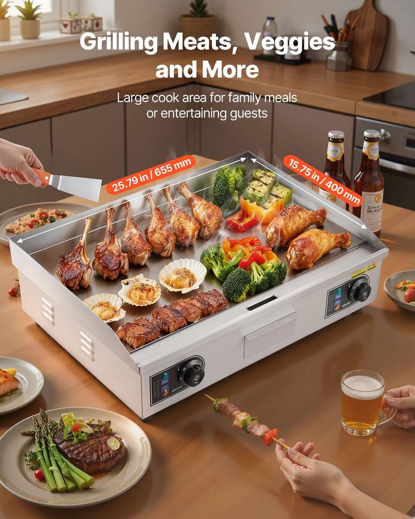 Commercial Electric Griddle, 655 x 400 mm, 4000W, 50-300°C Adjustable Temp Control, Stainless Steel Countertop Flat Top Grill with 2 Spatulas, 2