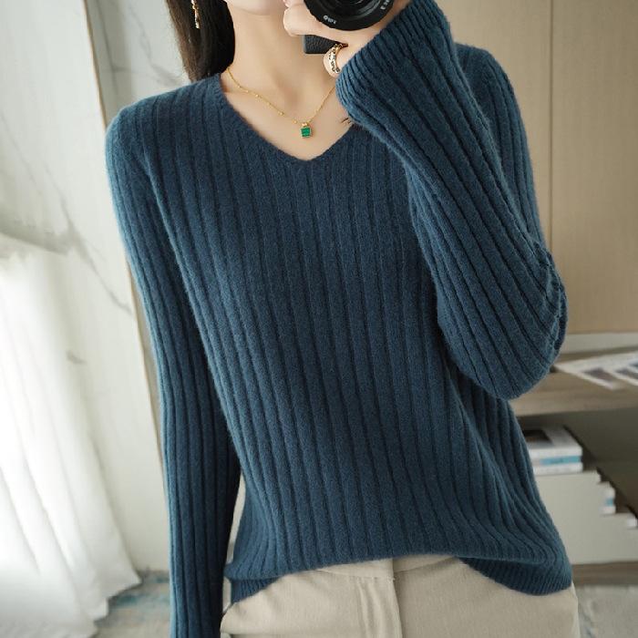 DAFIFY Женская мода повседневная осень-зима однотонный принт длинный рукав V-образный вырез свитера