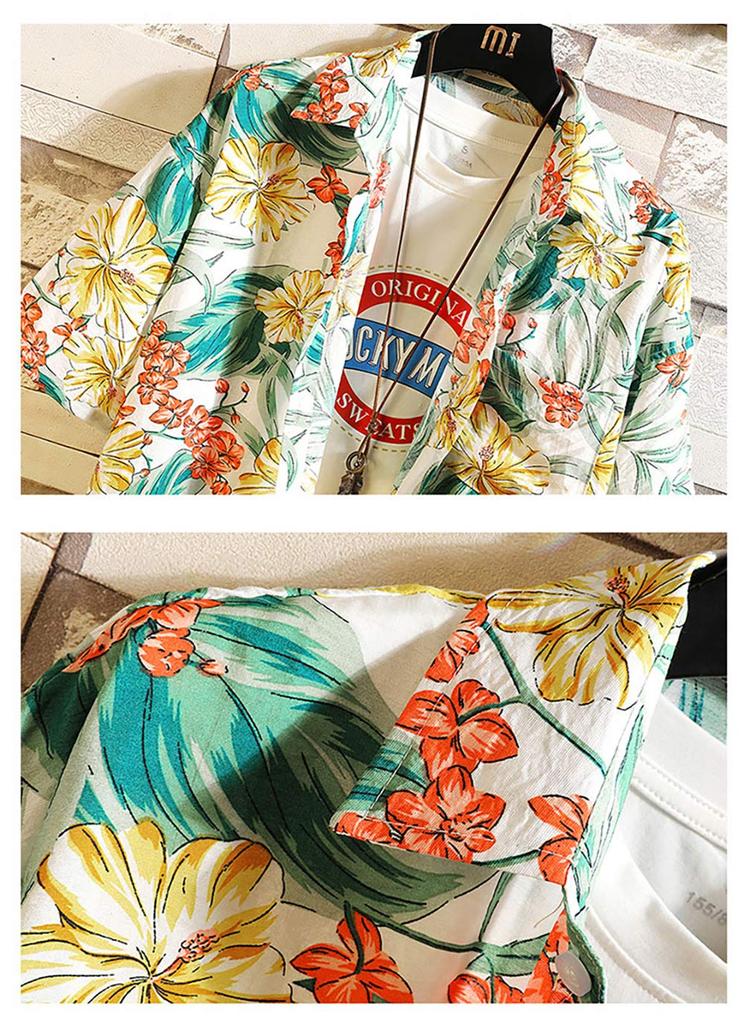 COZOEN Aloha Hawaiian Summer Panama Short Botanical 9 Plus Sizes Men's Shirt, Shirt, Shirt, Sleeve, Print, All-Over Print, Casual, Lightweight,