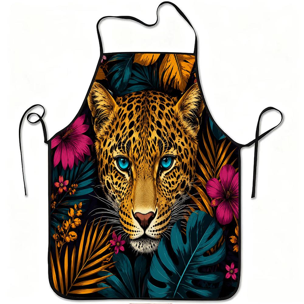 1pc Blue-Eyed Leopard Jungle Floral Print Apron, Durable And Easy to Clean, Adjustable Waistband, Polyester Material, for Kitchen Cooking, Gardening,