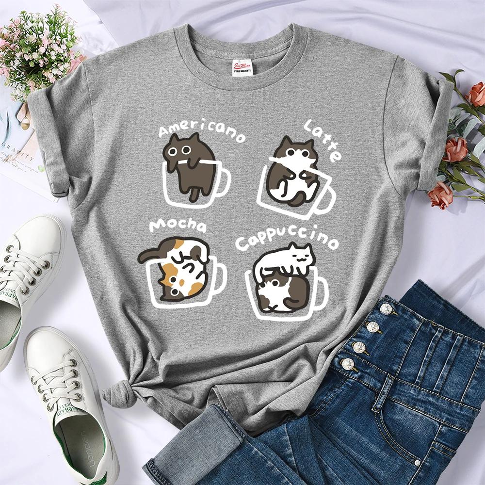 Summer Cat Coffee Art Letter 3D Printed T-Shirts Women Breathable O-Neck Tee Shirts Loose Short Sleeve Soft Street Casual Clothes Female