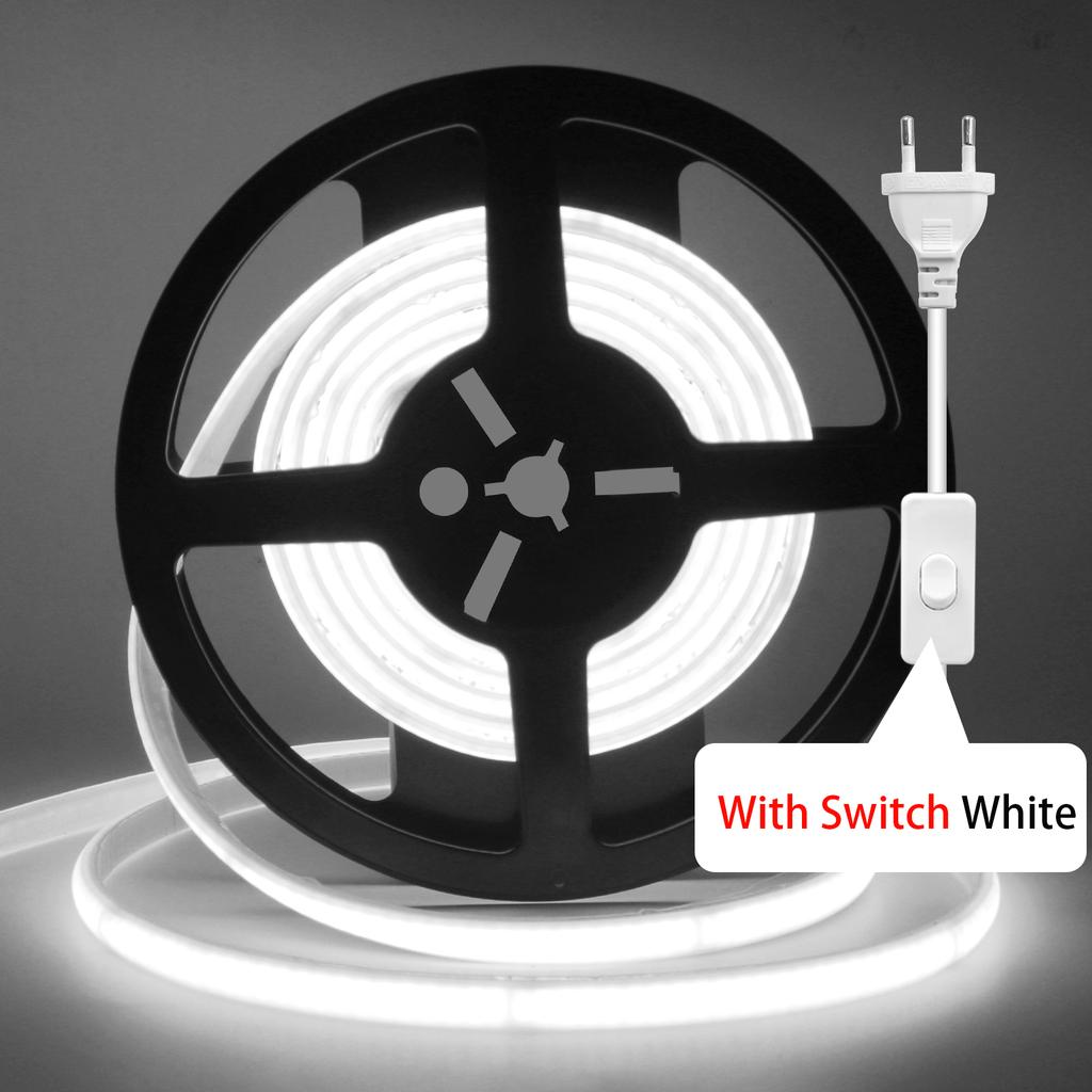220V Dimmable COB LED Adhesive Strip With Dimmer/Switch White Warm Natural Flexible Ribbon Tape 240LEDs/M Indoor Outdoor Decor