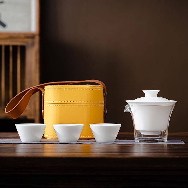 Travel Kung Fu Tea Set Tea Tray Complete Set Dehua White Porcelain Suet Jade Cover Bowl Set Light Luxury Business Companion