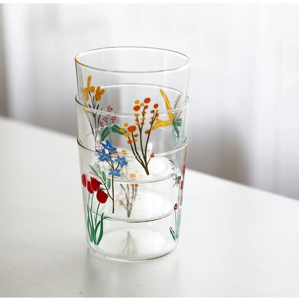Simple glass cup, Japanese style creative casual cup, high borosilicate glass floral glass cup, milk cup, ins wind cup