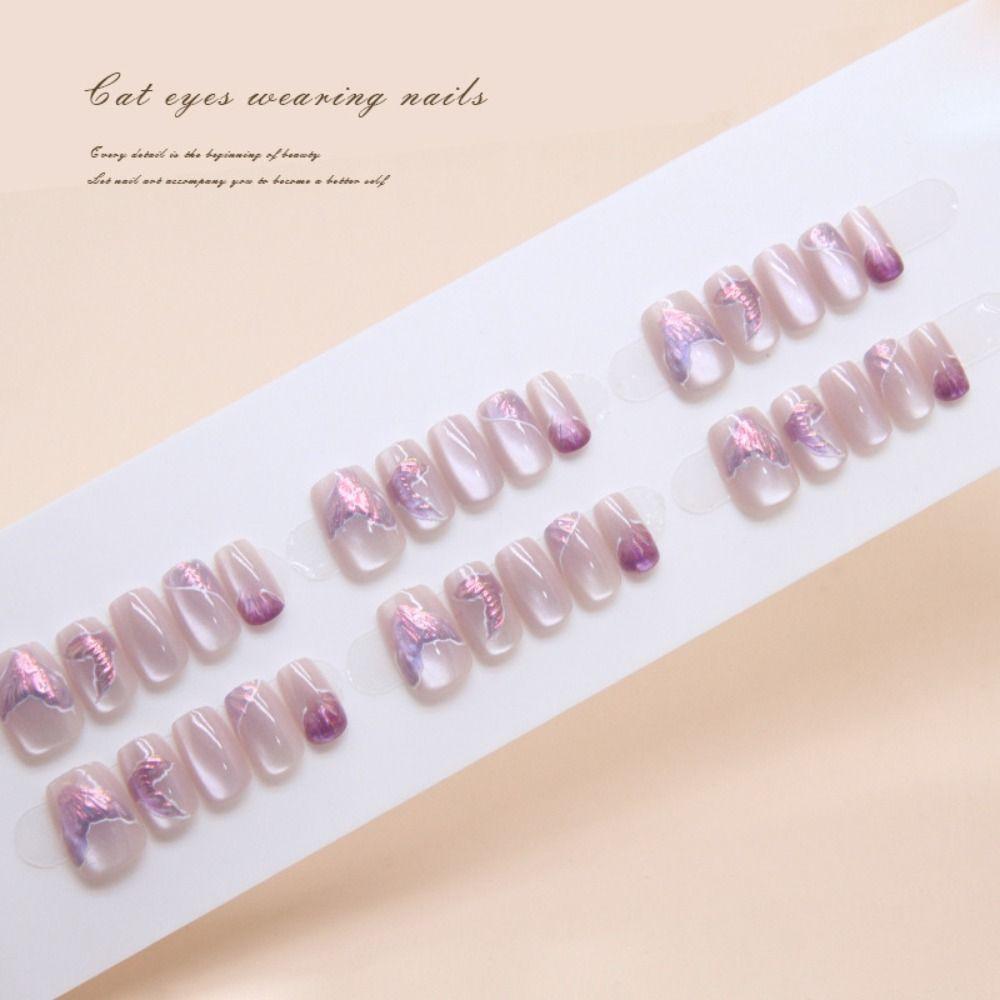 Модные длинные квадратные накладные ногти 'Кошачий глаз' Сияющие съемные типсы для ногтей DIY