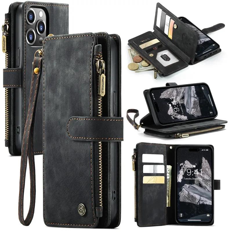 Lanyard Leather Wallet Card Phone Case For iPhone 18 Pro Max 17 Air 17E 16 Plus 16E 15 14 12 13 11 XS XR X Zip Flip Stand Cover