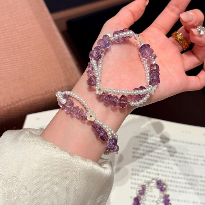 Natural Freshwater Pearl Amethyst Irregular Sunflower Bracelet Women Modern Minimalist Style 8mm Beads