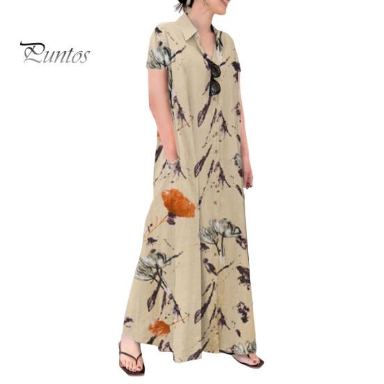 Женское летнее платье трапециевидной формы с лацканами, свободная рубашка с цветочным принтом, с короткими рукавами на пуговицах и боковыми карманами, длинное платье до щиколотки
