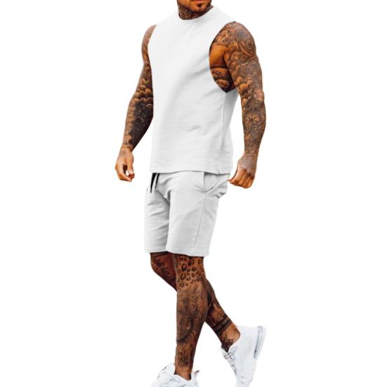 2 шт./компл. мужской спортивный костюм с круглым вырезом без рукавов майки с эластичной резинкой на талии спортивные шорты комплект однотонный повседневный наряд