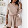 Женская мода с длинным рукавом сплошной цвет собрать талию повседневное мини-платье