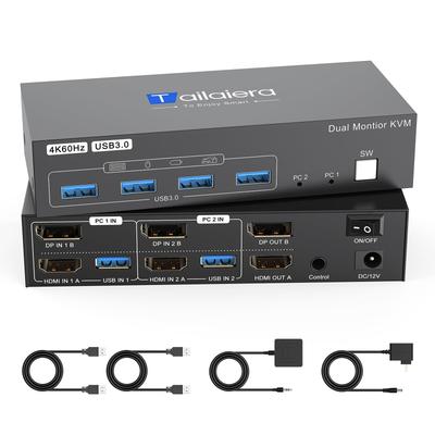 KVM-переключатель HDMI DP 4K@60Hz 2 монитора 2 компьютера, переключатель 2 входа 2 выхода, 4 порта USB 3.0 для совместного использования 2 мониторов/клавиатуры/мыши/принтера между 2 компьютерами