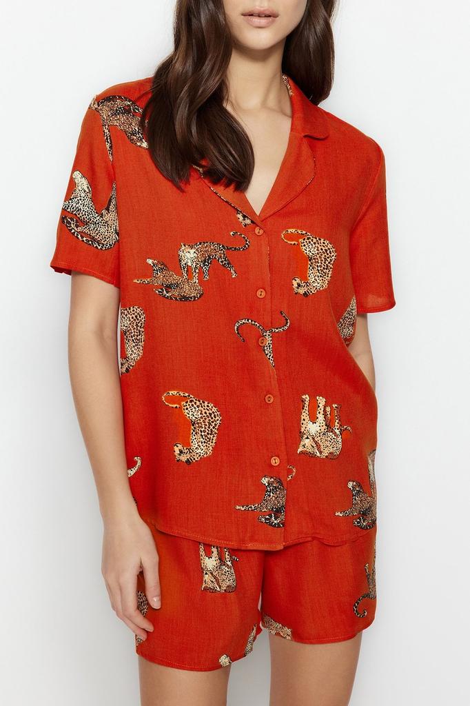 Women's Fashion New Pajama Set Dark Rose Animal Patterned Viscose Shirt-Shorts Woven Pajama Set