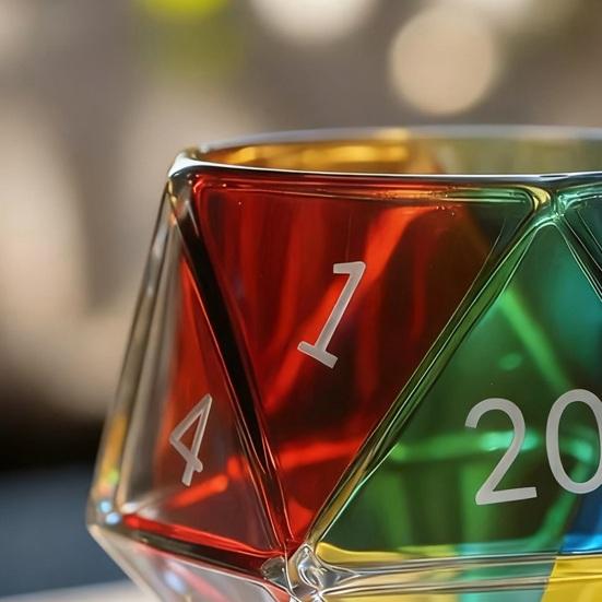 Rainbow D20 Dice Mug with Handle Colorful Polyhedral Glass Coffee Cup for Gamers Unique Gift for Tabletop RPG Fantasy Enthusiasts