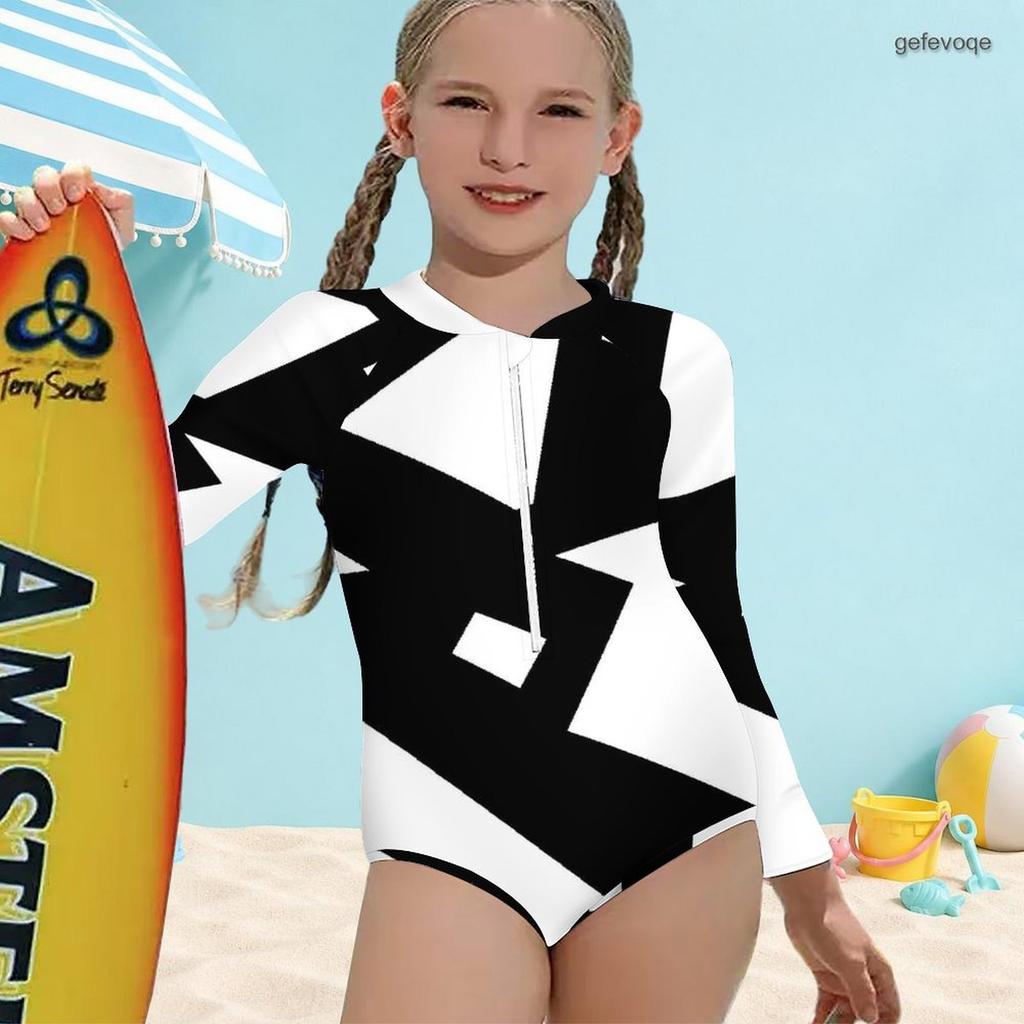 Girls Black White Printed High Neck Long Sleeve Front Zip One Piece Swimsuit
