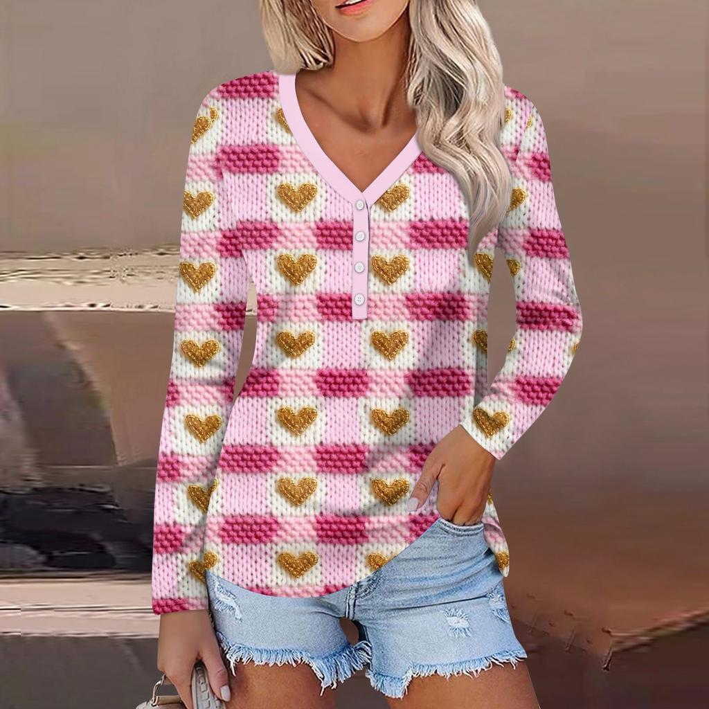 Женский модный повседневный топ с длинным рукавом и V-образным вырезом на пуговицах ко Дню святого Валентина с принтом в виде сердца