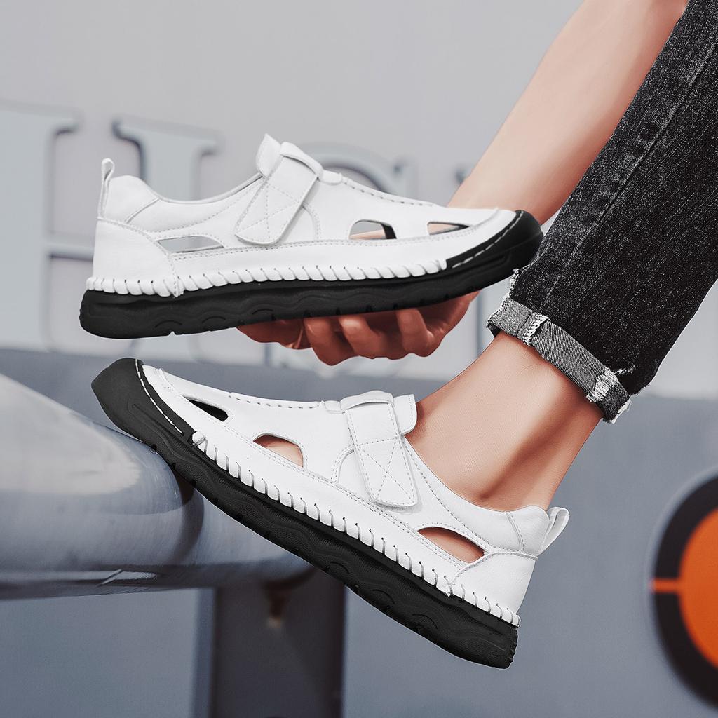 Летние мужские кожаные сандалии, дышащие, открытые, пляжные сандалии, мужская повседневная обувь