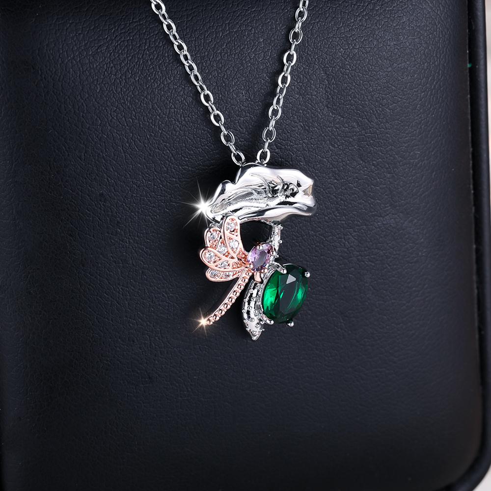Модное ожерелье с подвеской в ​​виде листьев лотоса и стрекозы для женщин, креативное ожерелье с зелеными кристаллами, колье, ювелирное изделие, подарок