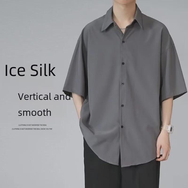 Men's Summer Trendy Loose-Fit Black Ice Silk Shirt with Casual Five-Point Sleeves