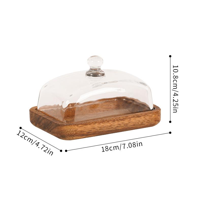 Rectangular Acacia Wood Butter Plate Glass Cover Cheese Butter Plate Snack Cake Dessert Plate Butter Box Tableware