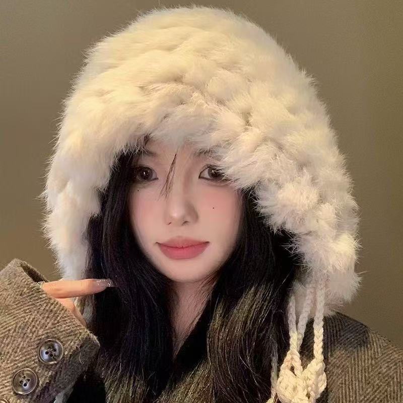 Mao Mao Hat Real Mao Rabbit Plush Fur Hat Versatile Cold-proof Warm Wool Knitted Baotou Hat Women's Winter