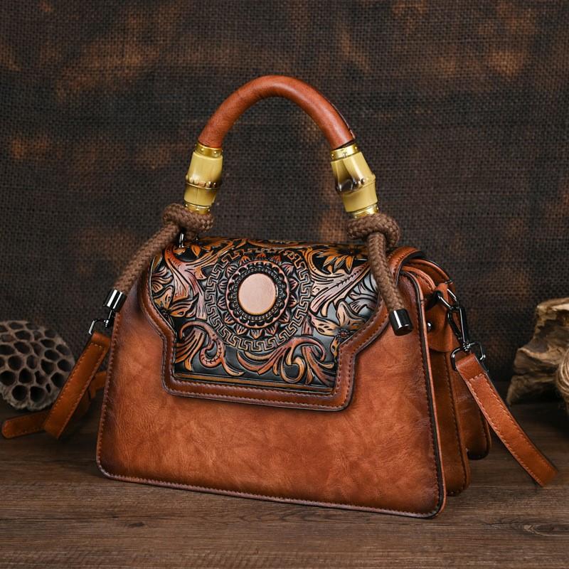 Johnature Винтажная женская кожаная сумка с тиснением ручной работы, роскошная сумка, универсальные женские сумки на плечо и через плечо