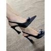 Black Pointed Bow Thick Heel High Heels Women's Versatile Sexy Back Empty Word with Sandals