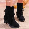 Tassels Mid Calf Women Snow Boots Suede Mid Heels Retro Shoes Winter Chunky Chelsea Boots Trend Designer New Botas De Mujer
