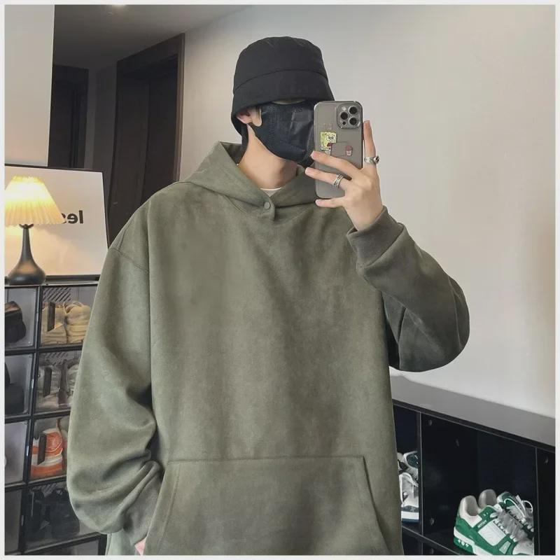 Мужская замшевая толстовка с капюшоном большого размера: Модная куртка свободного кроя с длинными рукавами для весны и осени