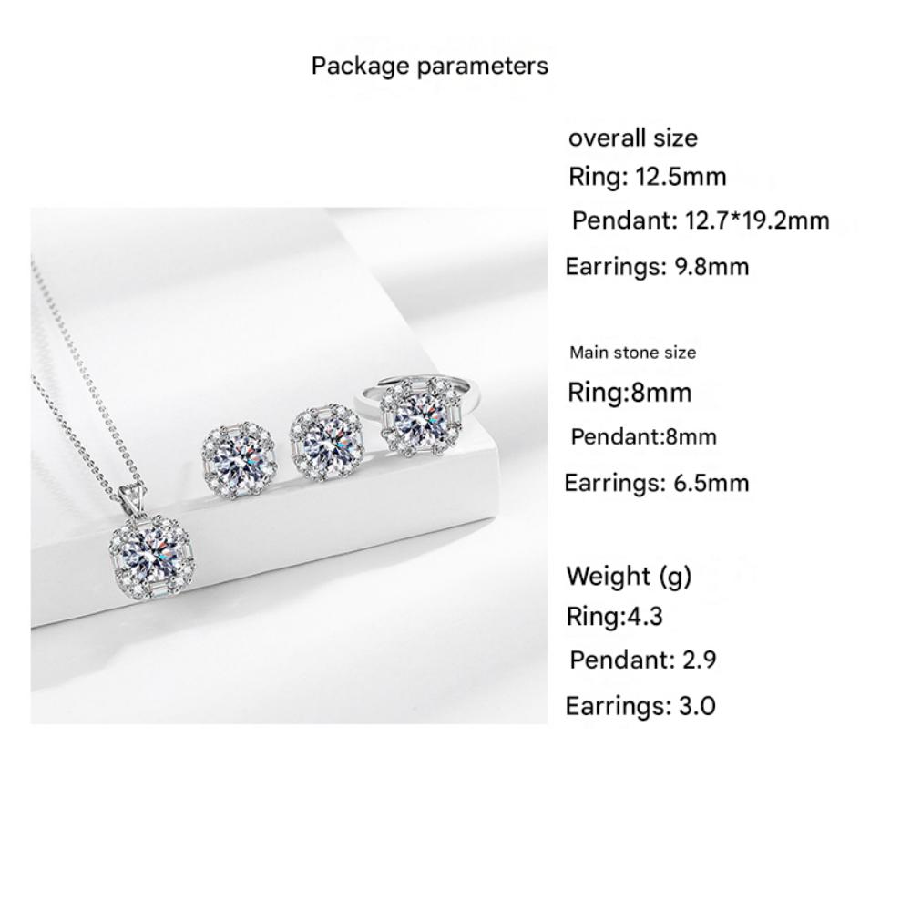 925 Sterling Silver Light Luxury Sugar Cube Zircon Earrings Necklace Ring Jewelry Set Ladies Jewelry Birthday Anniversary Gift