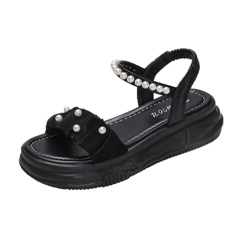 Римские сандалии на толстой подошве женские летние новые фея ветер жемчужные с открытым носком на плоской подошве ins tide повседневная пляжная обувь