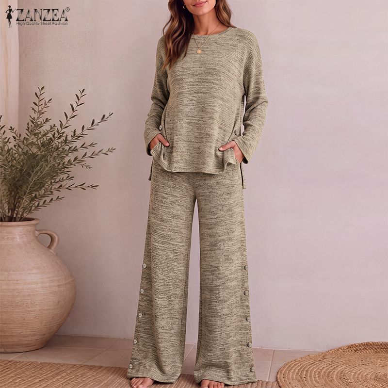 Autumn Womens Sets 2pcs Zanzea Spring Long Sleeve Blouse And Wide Leg Trousers Casual Loose Knitted Outfits