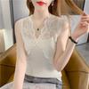 Summer Elegant Black Sexy Shirts V-neck Flower Lace Blouse Women Fashion Chic Top Sleeveless Knit Shirt Slim Women Clothes 25381