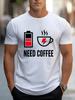 Unisex Crew Neck Tee Low Battery Coffee Cup Slogan Print Short Sleeve Oversized Male Daily Casual Soft Breathable Basic Wear Top