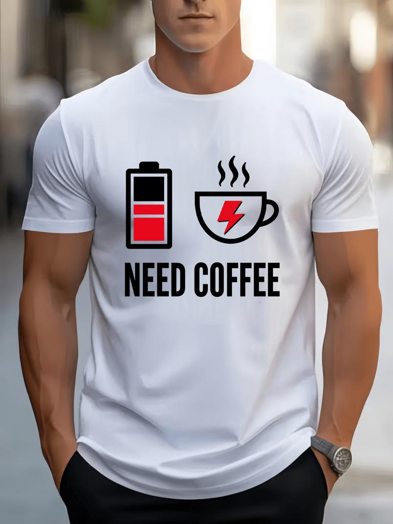 Unisex Crew Neck Tee Low Battery Coffee Cup Slogan Print Short Sleeve Oversized Male Daily Casual Soft Breathable Basic Wear Top