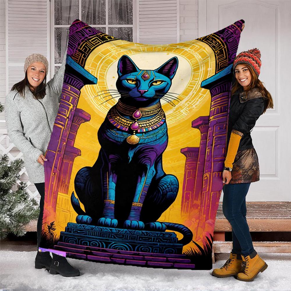 1pc Egyptian Cat Statue Throw Blanket Polyester Fiber, Lightweight Flannel, Soft & Warm, All Season Use for Outdoor, Camping Digital Print