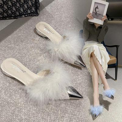 2025 Пушистые черные мюли с острым носком и низким толстым каблуком